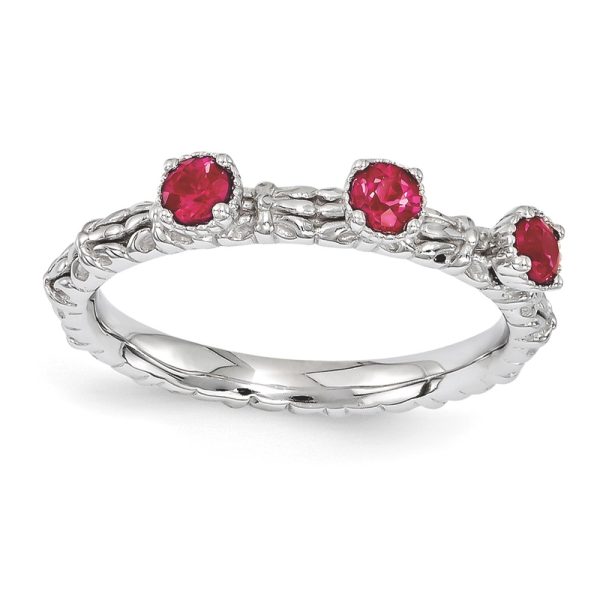 Sterling Silver Stackable Created Ruby Round Three Stone Ring Size 7