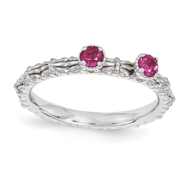 Sterling Silver Stackable Created Ruby Round Two Stone Ring Size 7