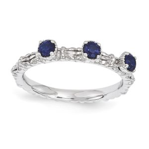 Sterling Silver Stackable Created Sapphire Round Three Stone Ring Sz10