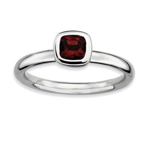 Sterling Silver Stackable Cushion Cut Garnet Solitaire Ring, Size 6