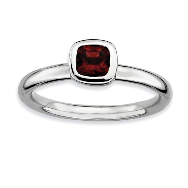 Sterling Silver Stackable Cushion Cut Garnet Solitaire Ring, Size 6