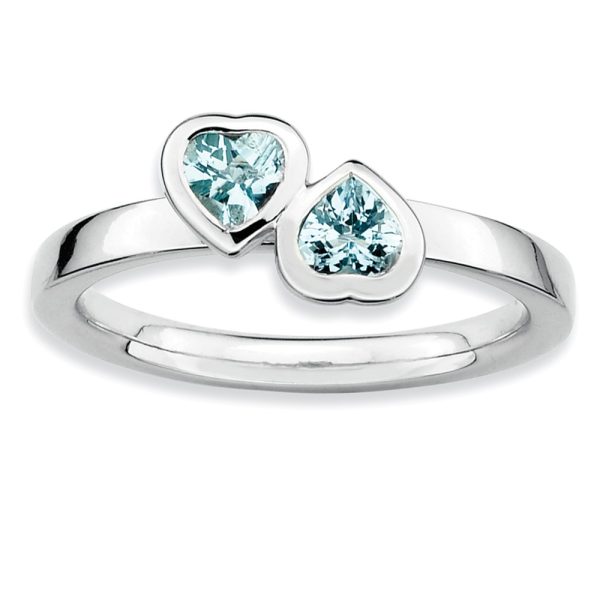 Sterling Silver Stackable Double Heart Aquamarine Ring, Size 8