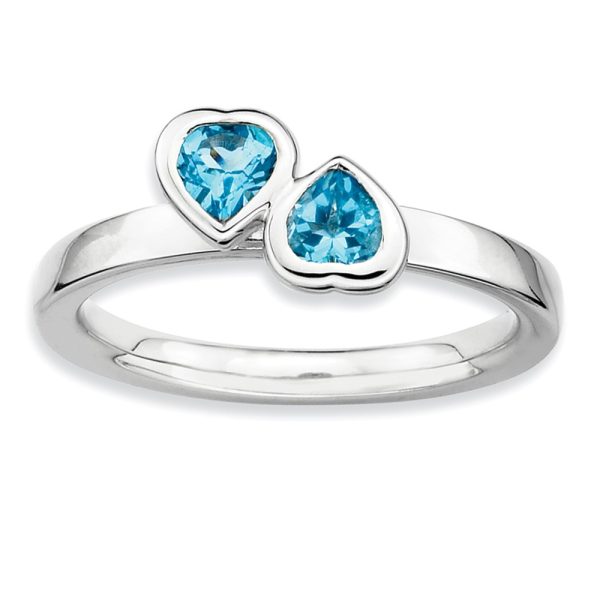 Sterling Silver Stackable Double Heart Blue Topaz Ring, Size 9