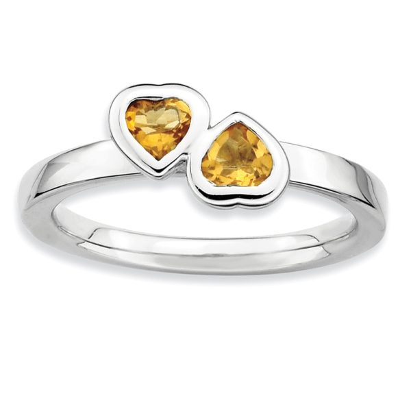 Sterling Silver Stackable Double Heart Citrine Ring, Size 7