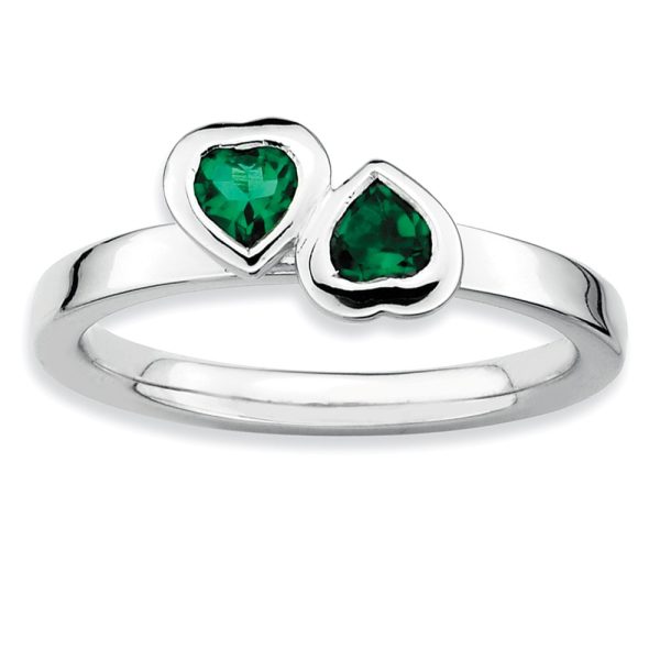 Sterling Silver Stackable Double Heart Created Emerald Ring, Size 6