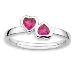 Sterling Silver Stackable Double Heart Created Ruby Ring, Size 9