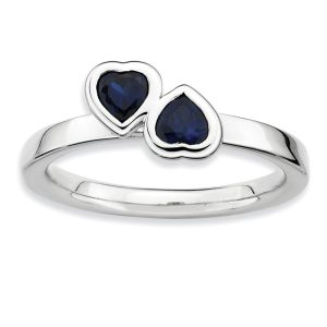 Sterling Silver Stackable Double Heart Created Sapphire Ring, Size 7