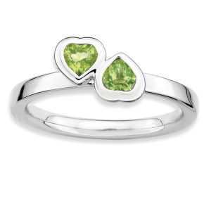 Sterling Silver Stackable Double Heart Peridot Ring, Size 8