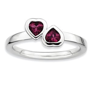 Sterling Silver Stackable Double Heart Rhodolite Garnet Ring, Size 8