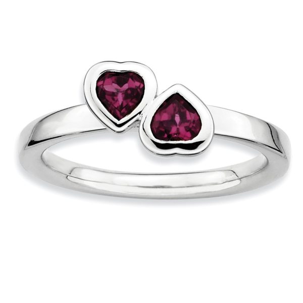 Sterling Silver Stackable Double Heart Rhodolite Garnet Ring, Size 8