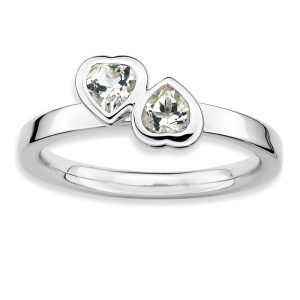 Sterling Silver Stackable Double Heart White Topaz Ring, Size 7