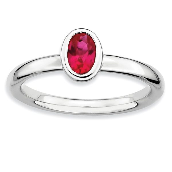 Sterling Silver Stackable Oval Created Ruby Solitaire Ring, Size 9