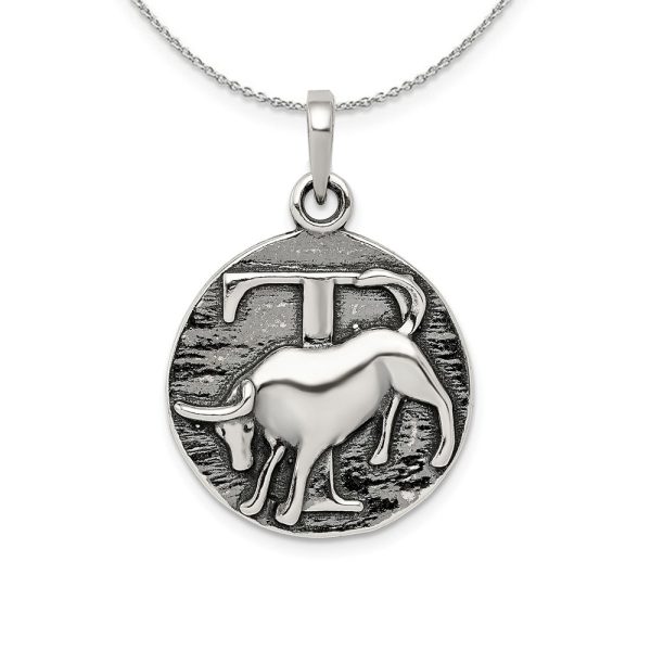 Sterling Silver Taurus the Bull Zodiac Embossed Circle Necklace