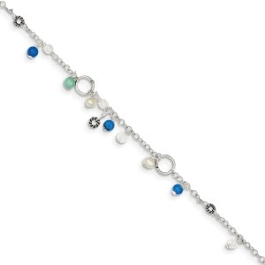 Sterling Silver Turquoise, Crystal And FW Cultured Pearl Anklet, 9 in