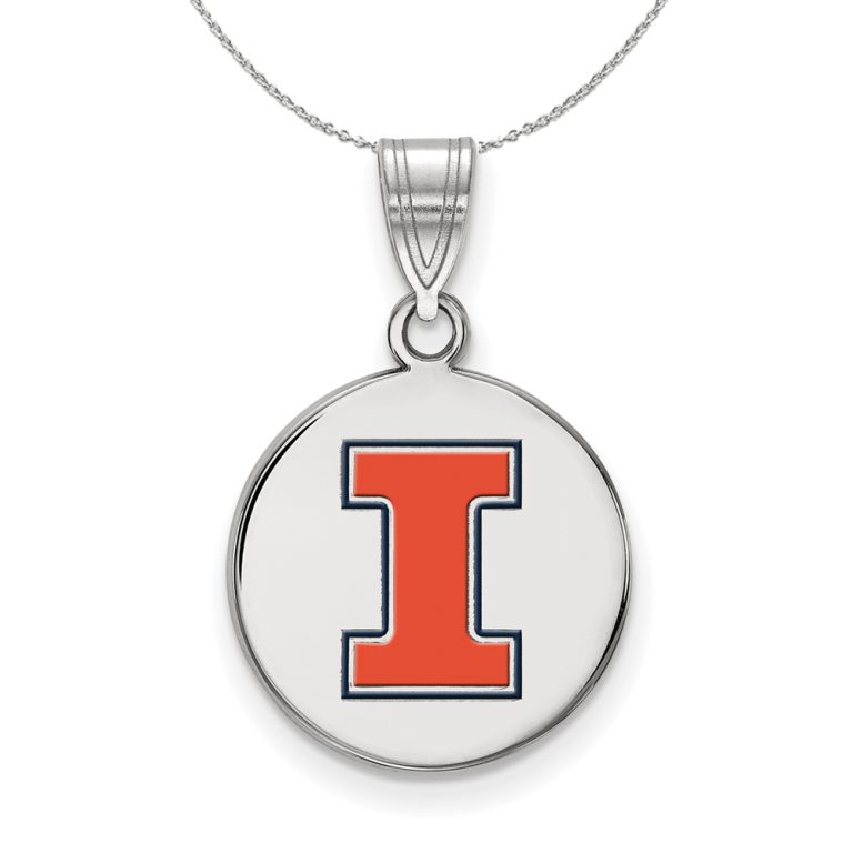 Sterling Silver U. of Illinois Medium Enamel 'I' Disc Necklace