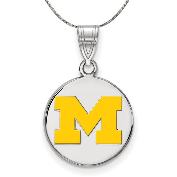 Sterling Silver U. of Michigan Medium Yellow Enamel Disc Necklace