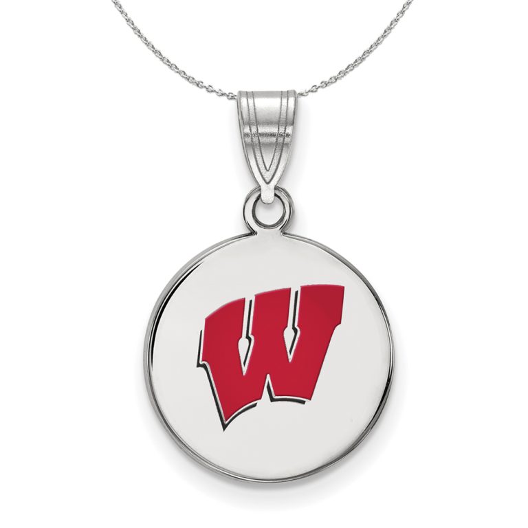 Sterling Silver U. of Wisconsin Medium Enamel 'W' Disc Necklace