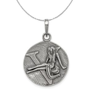 Sterling Silver Virgo the Virgin Zodiac Embossed Circle Necklace