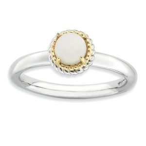 Sterling Silver & 14K Gold Plated Stackable White Agate Ring, size 8