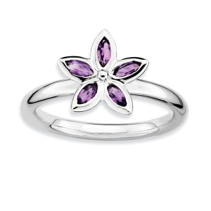 Sterling Silver & Amethyst Stack 5 Marquise Stone Flower Ring, Sz 8