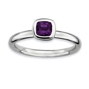 Sterling Silver & Amethyst Stack 5mm Cushion Cut Solitaire Ring, Sz 10