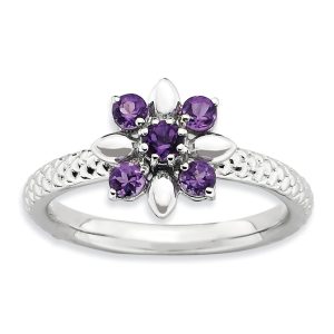 Sterling Silver & Amethyst Stackable 5 Round Stone Flower Ring, Sz 7