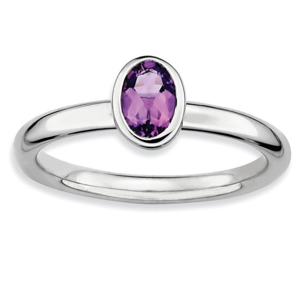 Sterling Silver & Amethyst Stackable Oval Solitaire Ring, Size 8