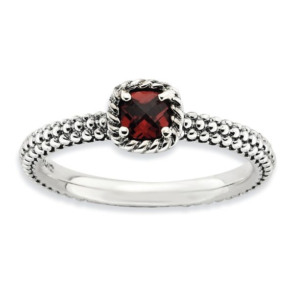 Sterling Silver & Garnet Solitaire Milgrain Band Stackable Ring, Sz 7