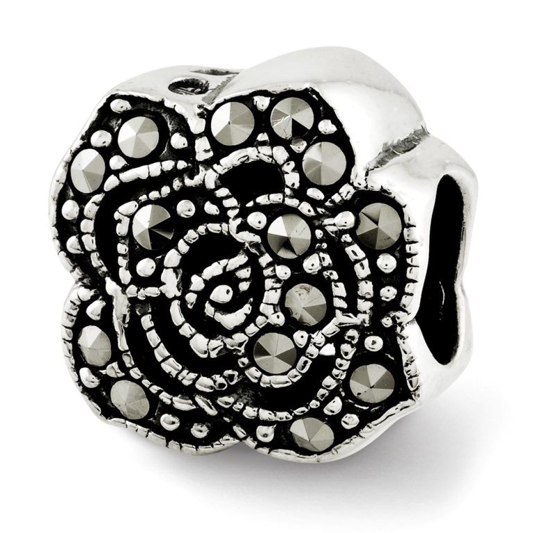 Sterling Silver & Marcasite Antiqued Flower Bead Charm