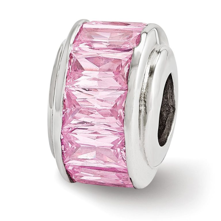 Sterling Silver and Baguette Pink Cubic Zirconia Bead Charm, 12mm