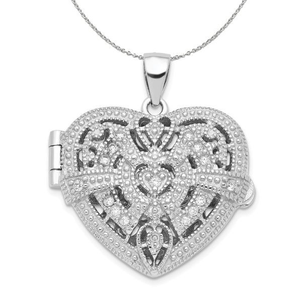 Sterling Silver and CZ Textured Design Heart Locket, 22mm Necklace