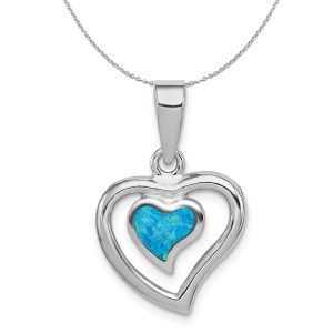 Sterling Silver and Created Blue Opal Inlay Double Heart 13mm Necklace