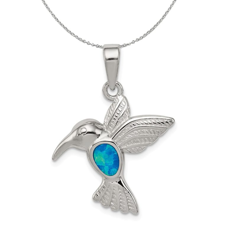 Sterling Silver and Created Blue Opal Inlay Hummingbird Necklace