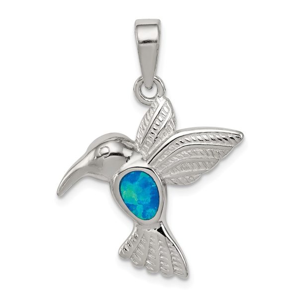 Sterling Silver and Created Blue Opal Inlay Hummingbird Pendant