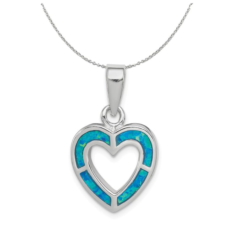 Sterling Silver and Created Blue Opal Open Inlay Heart 15mm Necklace