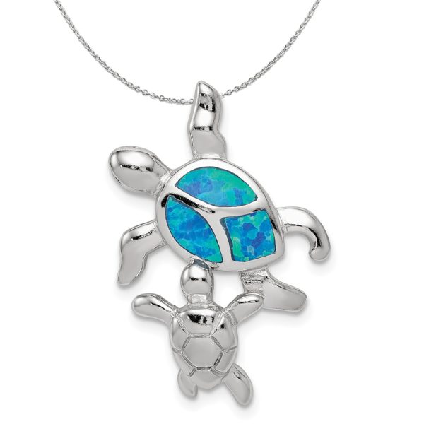 Sterling Silver and Created Opal Sea Turtles Necklace