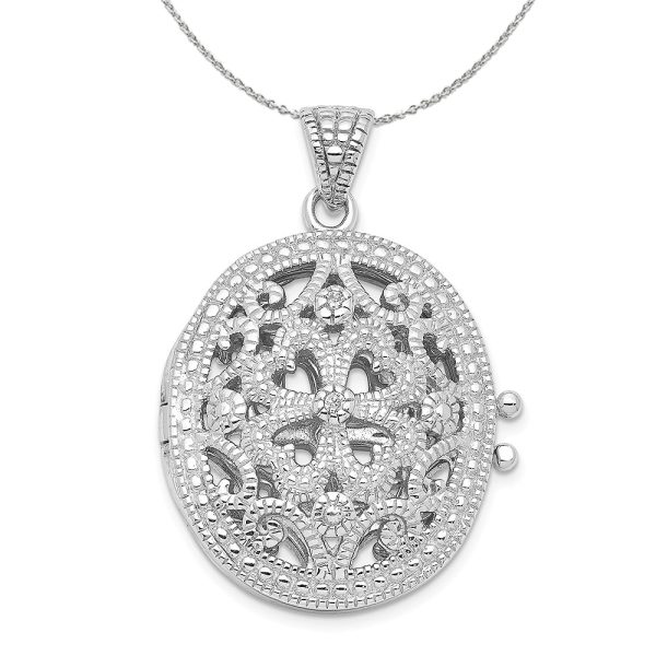 Sterling Silver and Cubic Zirconia 22mm Ornate Oval Locket Necklace