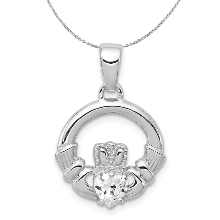 Sterling Silver and Cubic Zirconia Claddagh 15mm Necklace