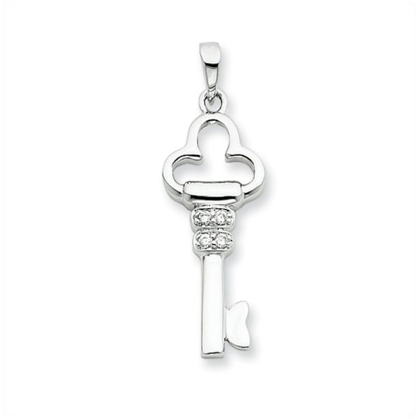 Sterling Silver and Cubic Zirconia Clover Key Pendant, 1 Inch