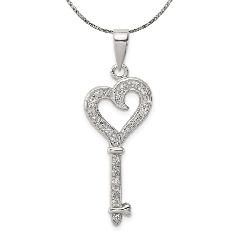 Sterling Silver and Cubic Zirconia Fancy Heart Key Pendant Necklace