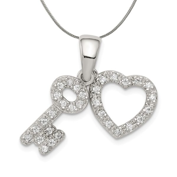 Sterling Silver and Cubic Zirconia Fancy Heart and Key Necklace