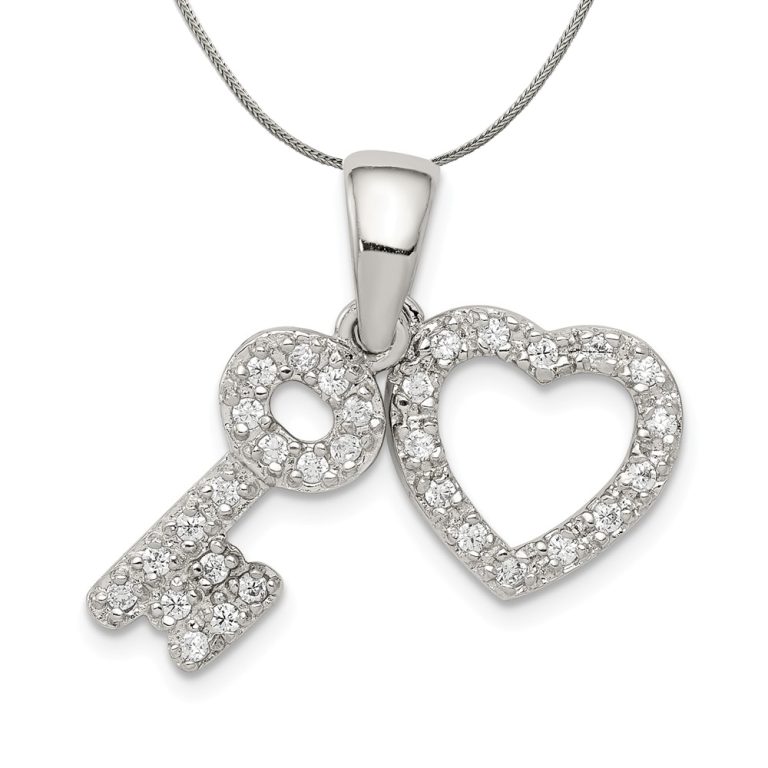 Sterling Silver and Cubic Zirconia Fancy Heart and Key Necklace