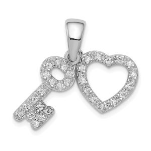 Sterling Silver and Cubic Zirconia Fancy Heart and Key Pendant