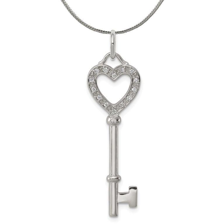 Sterling Silver and Cubic Zirconia Heart Key Pendant Necklace