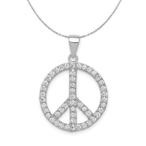 Sterling Silver and Cubic Zirconia Peace Sign 19mm Necklace