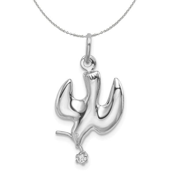 Sterling Silver and Cubic Zirconia Polished Dove with Branch Necklace