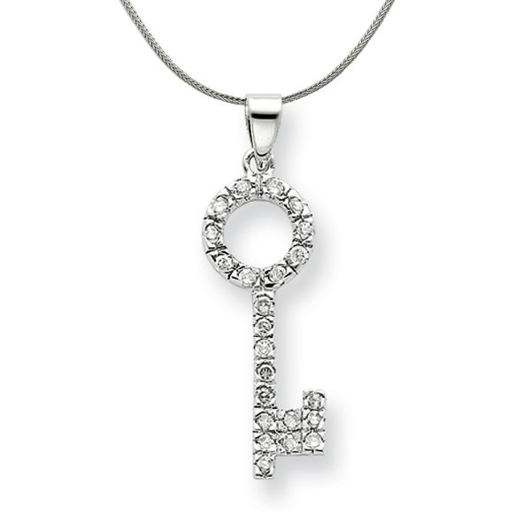 Sterling Silver and Cubic Zirconia Sparkling Key Pendant Necklace