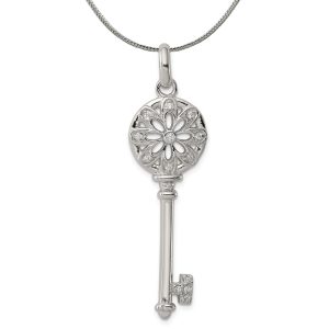 Sterling Silver and Cubic Zirconia Vintage Floret Key Pendant Necklace