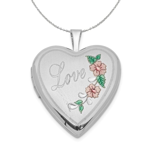 Sterling Silver and Enamel 20mm Love Floral Heart Locket Necklace