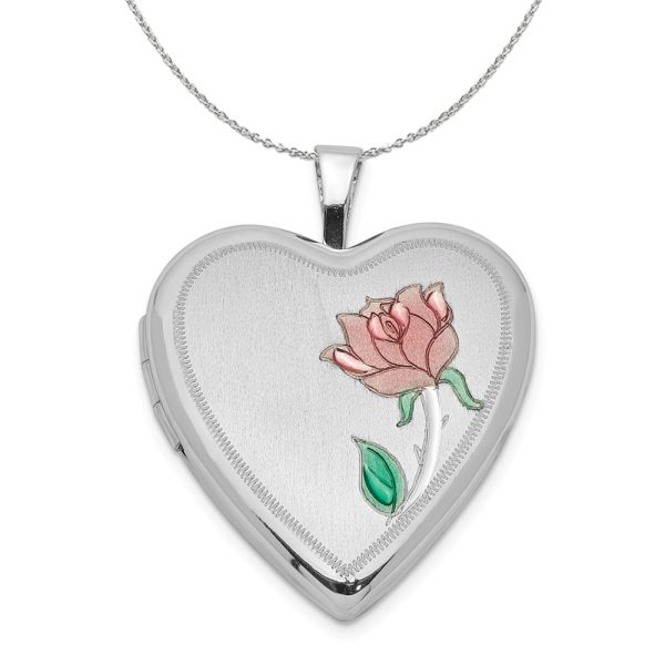 Sterling Silver and Enamel 20mm Rose Heart Locket Necklace